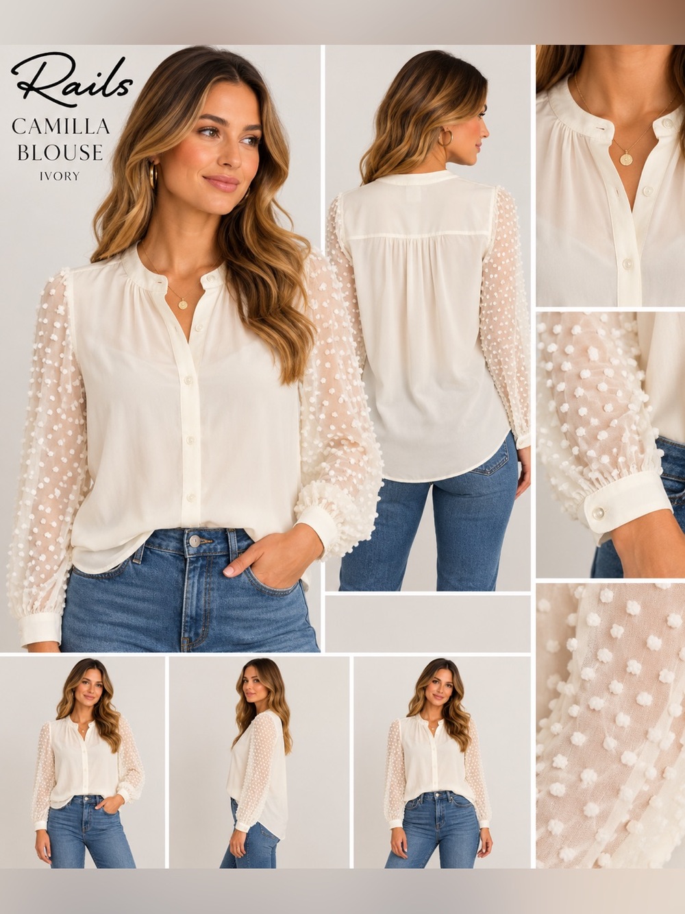 Rails Camilla Silk Blend Ivory Blouse Swiss Dot Sheer Sleeves Button Front S